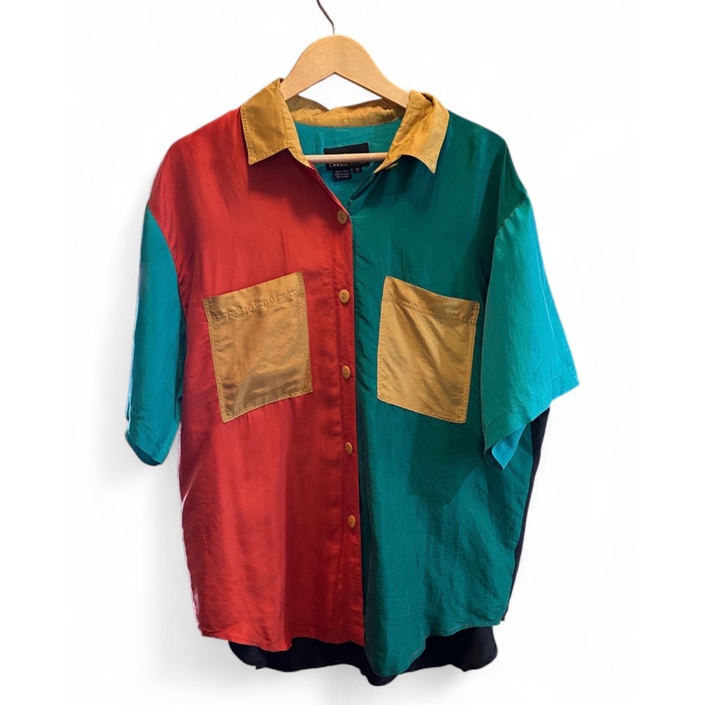 Carole Little Vintage 100% Silk Colorblock Button Down Shirt Womens 12 Multi